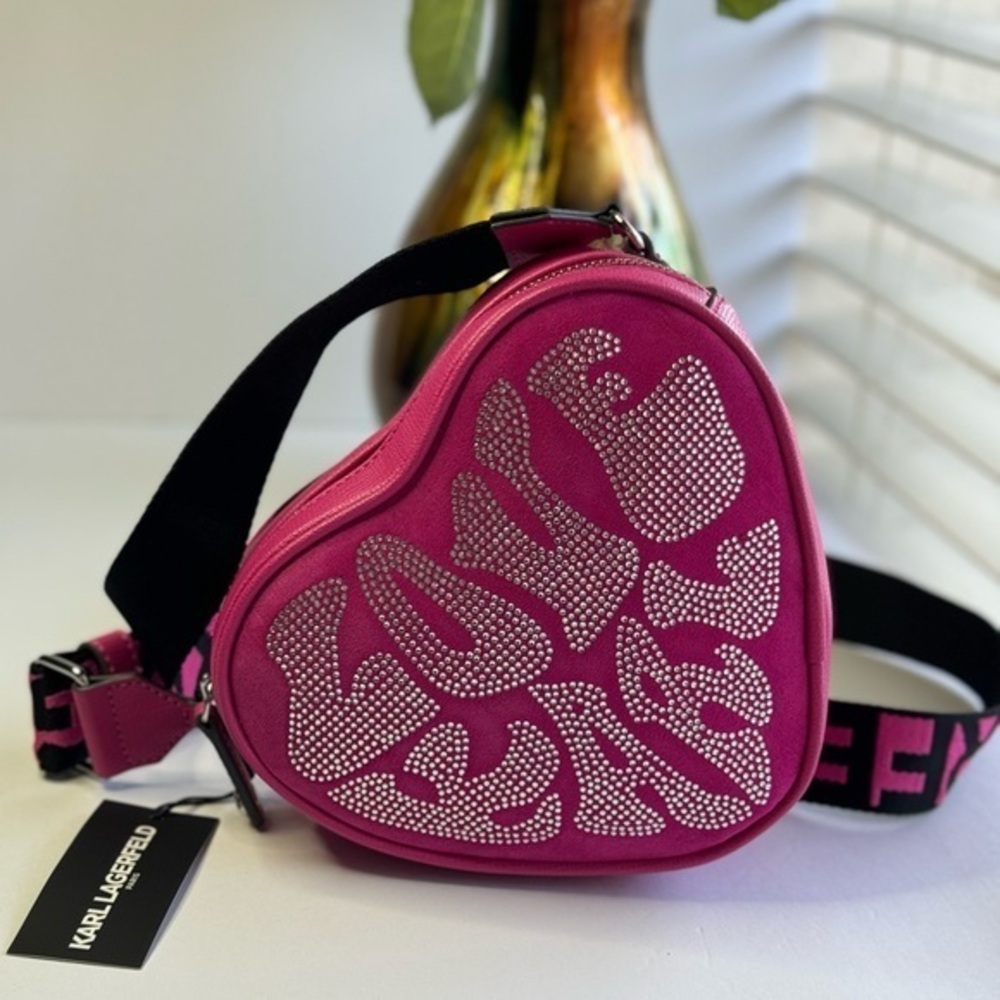 KARL LAGERFELD PARIS Embellished Heart Shaped Crossbody Fuchsia Pink Bag Purse